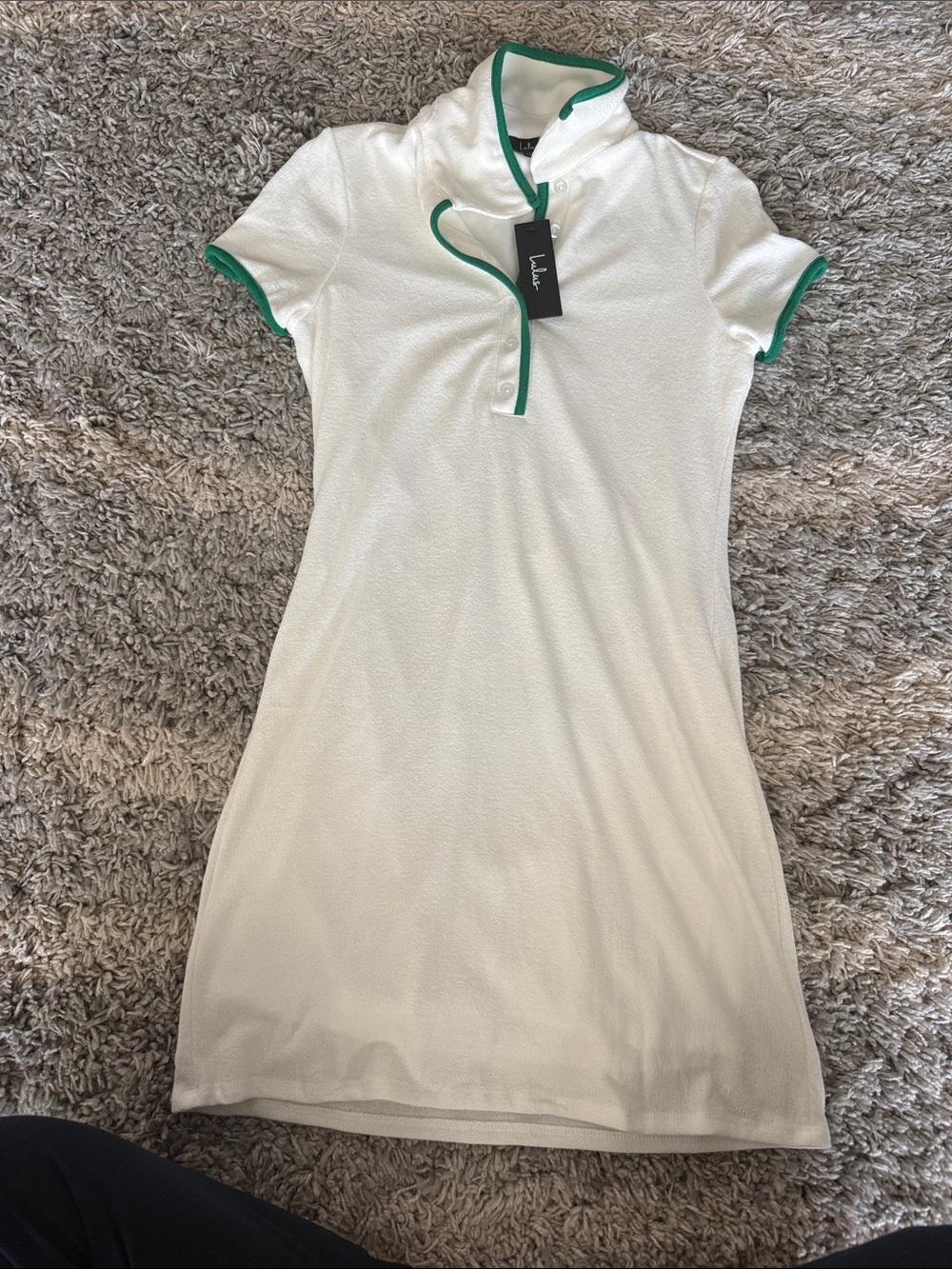 Women's White Terry Polo Dress with Green Trim